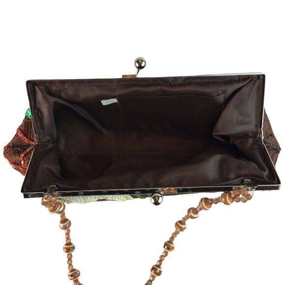 Vintage Clutch Evening Purse Brown Sequins Beaded Handle u Bohemian Style Kiss L - Picture 3 of 3